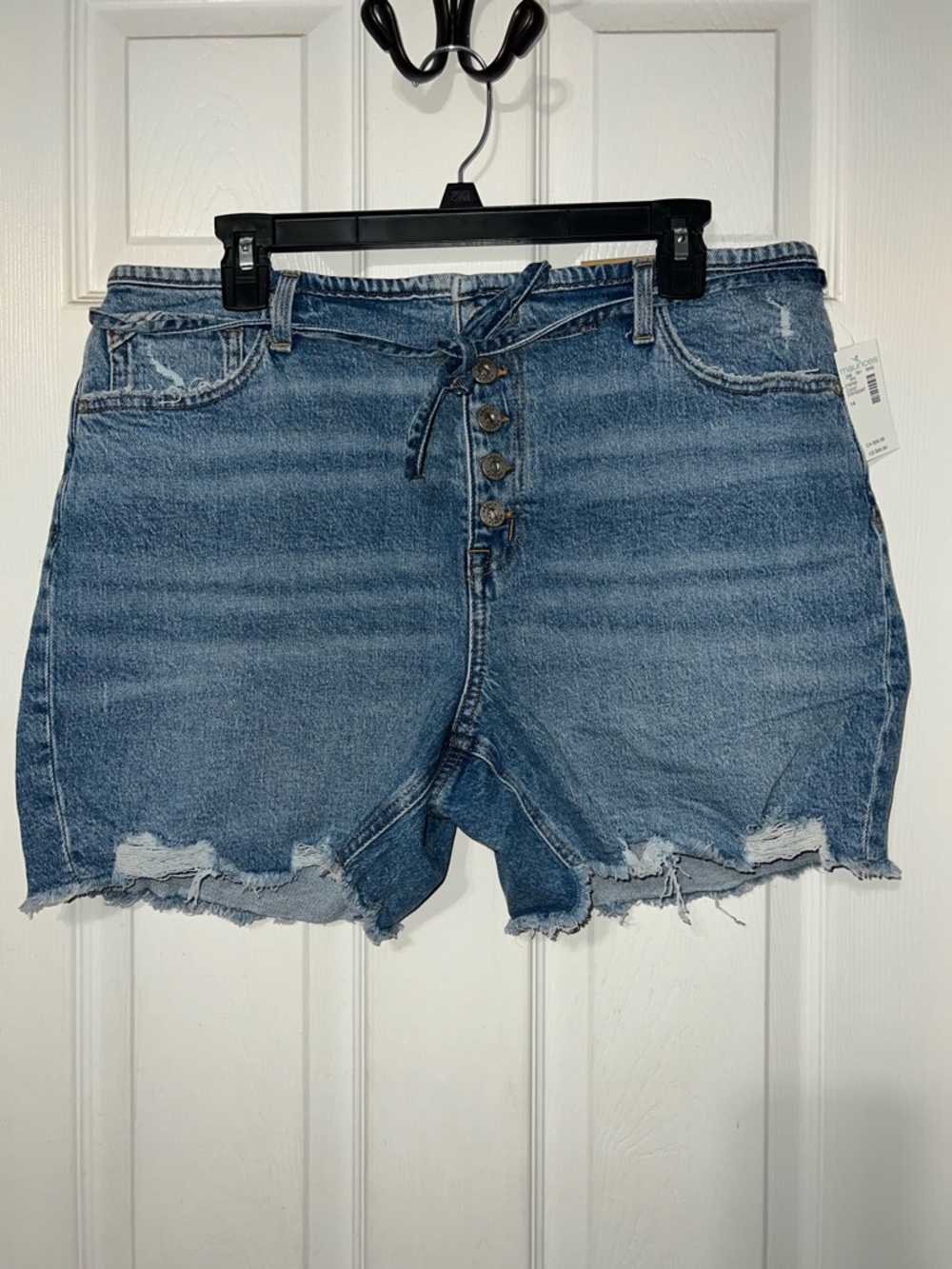 High-Rise Distressed Blue Denim Shorts with Button Fly